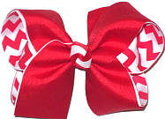 Large Red over Red and White Chevron Stripes Double Layer Overlay Bow